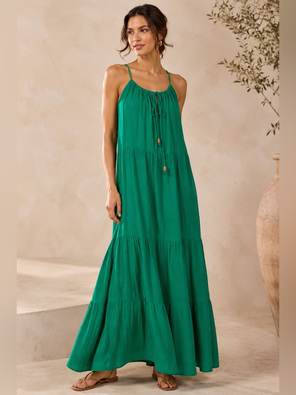 Kona Sol Green Tiered Maxi Dress Open Back Resort Boho Size S 4-6 NWT